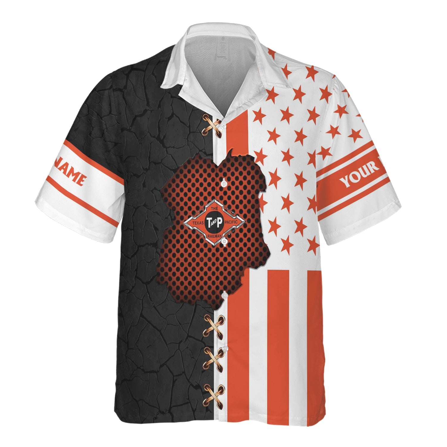 Railspirit Personalized Texas and Pacific Railway Hawaiian Shirt American Flag with Crack Effect Train Shirt