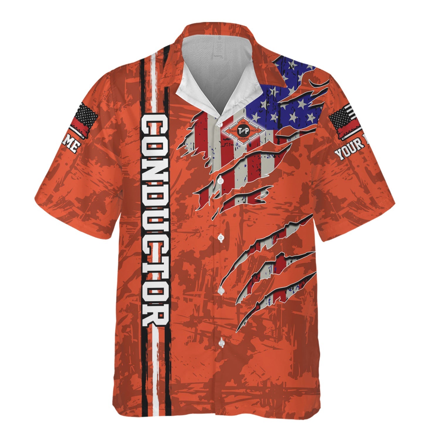 Railspirit Personalized Texas and Pacific Railway Hawaiian Shirt USA Flag Claw Art with Custom Job Train Shirt