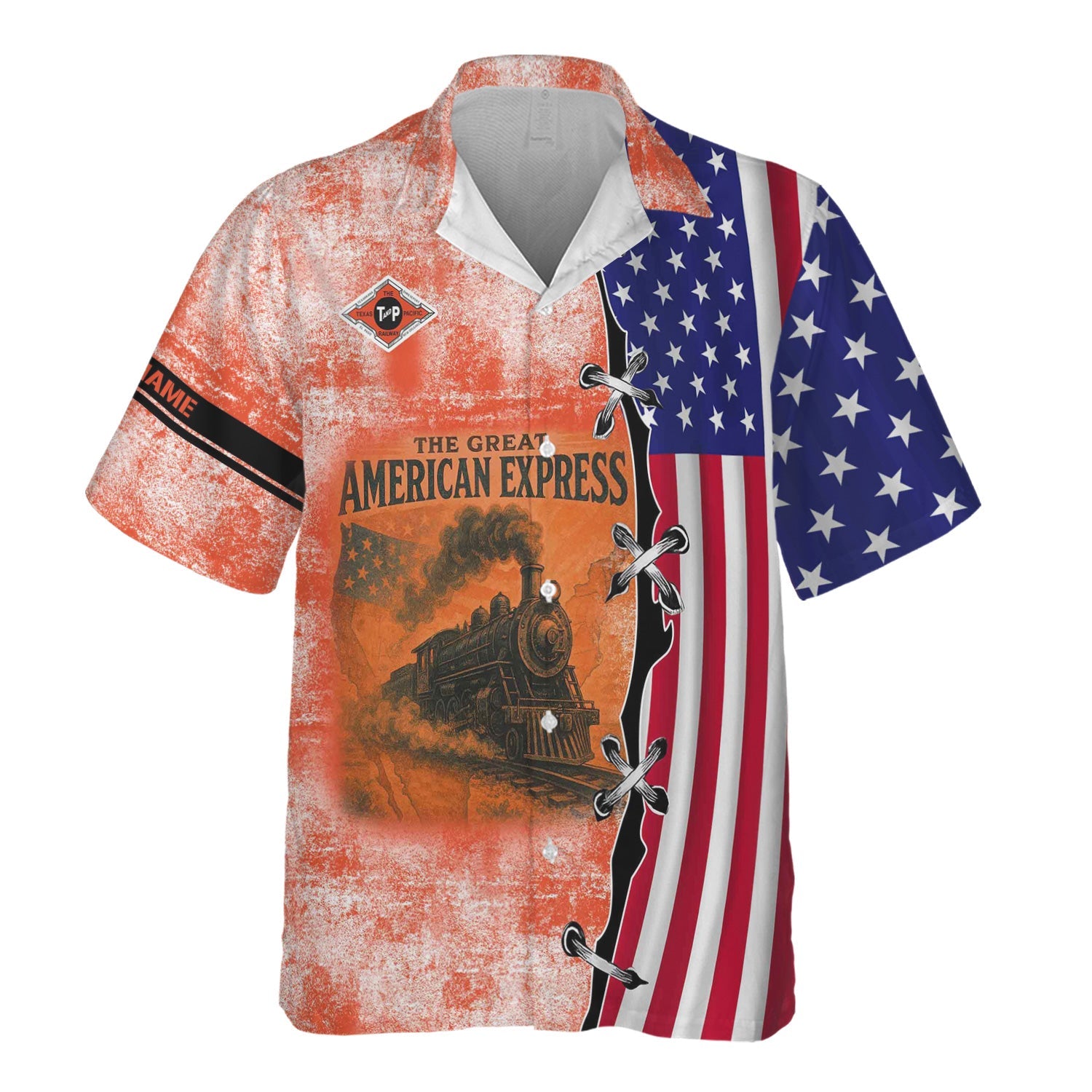 Railspirit Personalized Texas and Pacific Railway Hawaiian Shirt Retro American Express Train With USA Flag Shirt