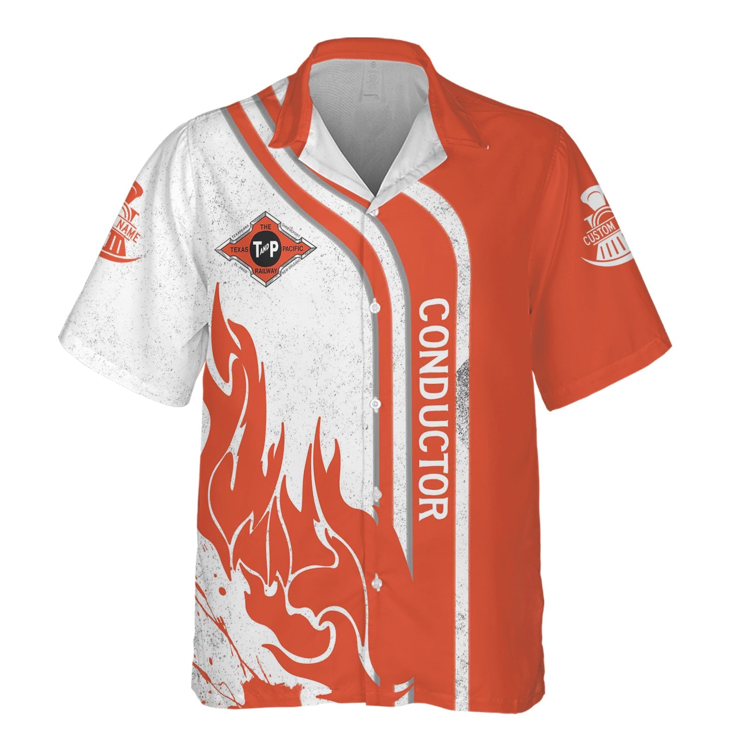 Railspirit Personalized Texas and Pacific Railway Hawaiian Shirt Flame Design with Custom Job Position Train Shirt