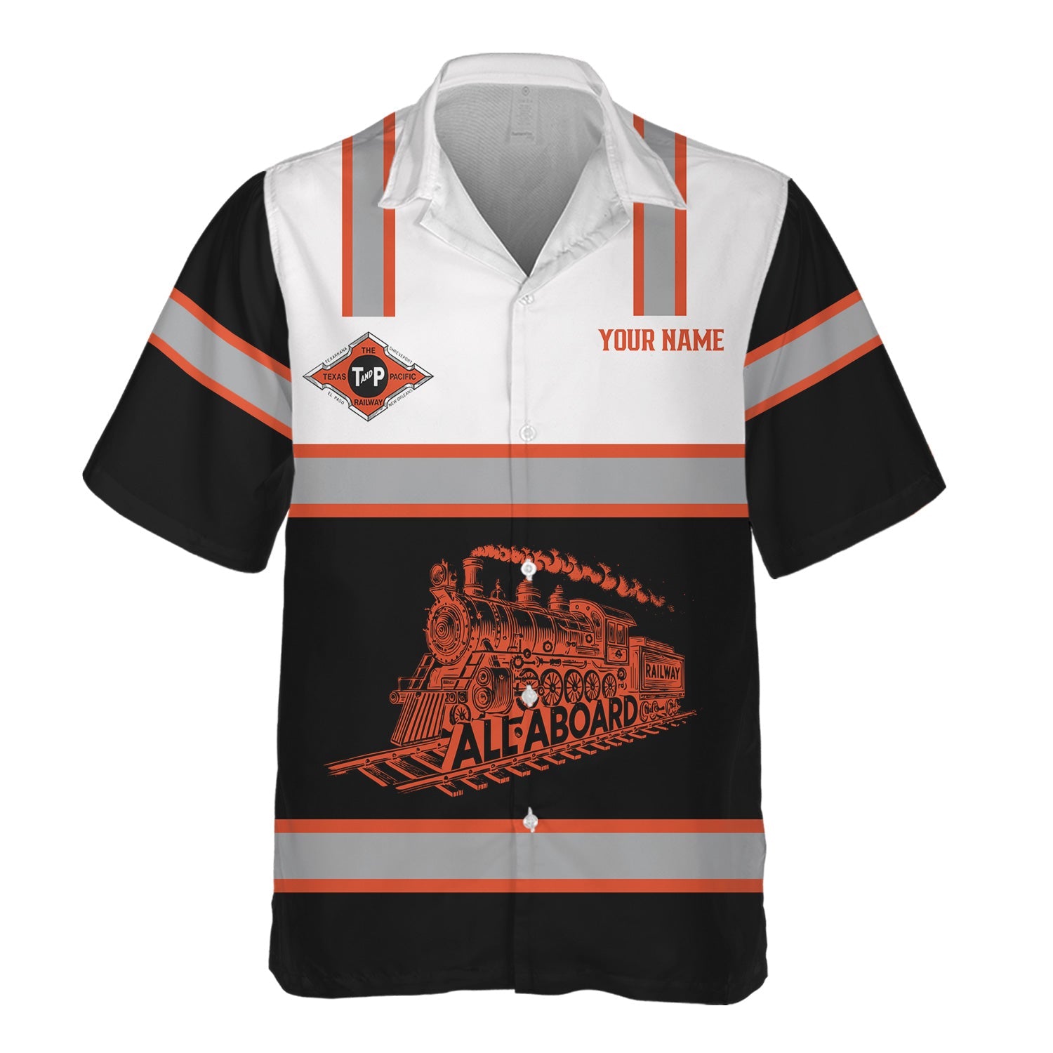 Railspirit Custom Name Texas and Pacific Railway Hawaiian Shirt Eat Train Sleep Repeat Printed Train Shirt