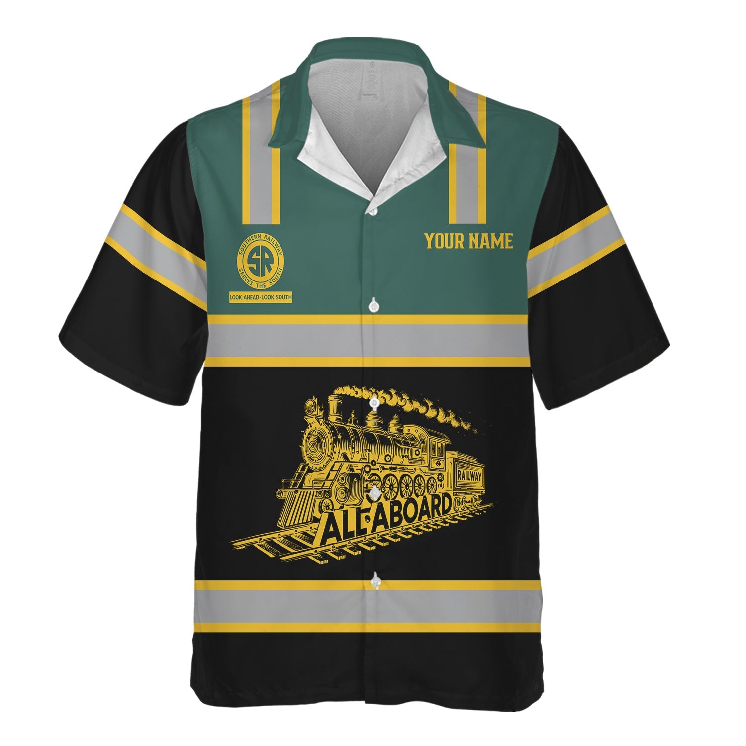 Railspirit Custom Name Southern Railway U.S Hawaiian Shirt Eat Train Sleep Repeat SOU Printed Train Shirt