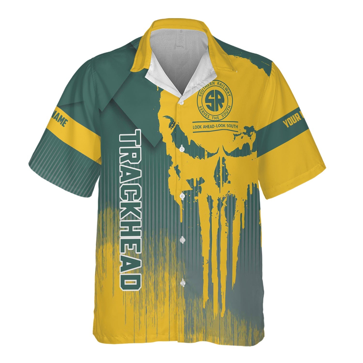 Railspirit Personalized Southern Railway U.S Hawaiian Shirt Skull Design with Custom Job SOU Train Shirt for Trackhead Crew