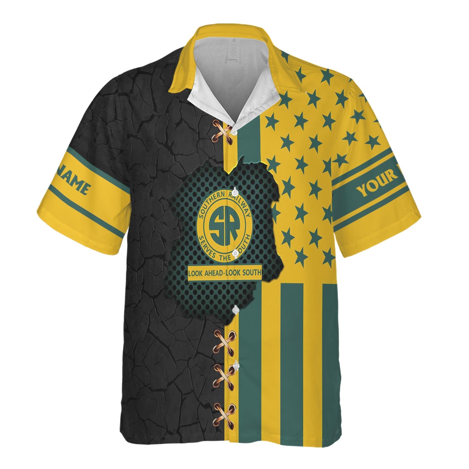 Railspirit Personalized Southern Railway U.S Hawaiian Shirt American Flag with Crack Effect SOU Train Shirt