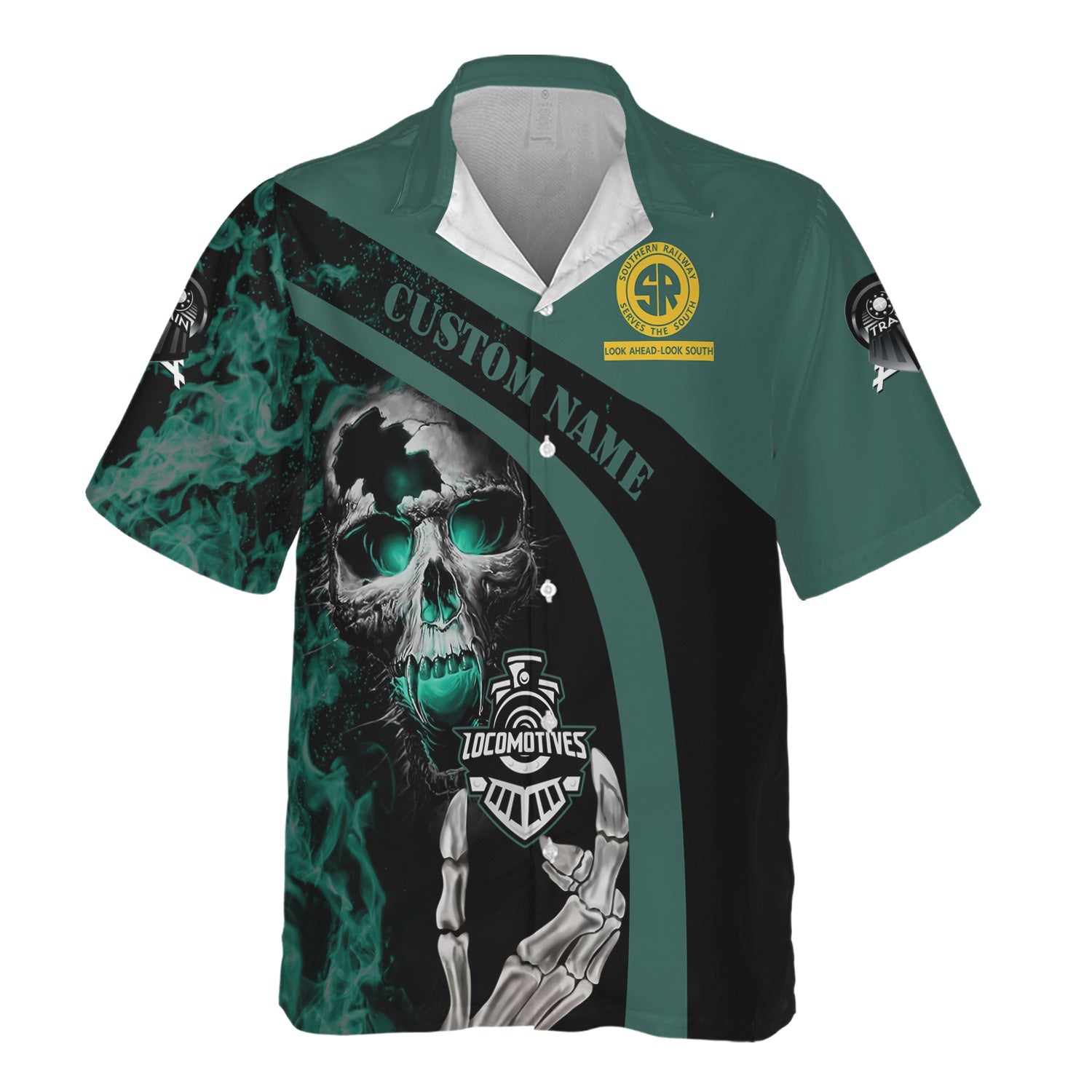 Railspirit Personalized Southern Railway U.S Hawaiian Shirt Flame Skull Design SOU Train Shirt for Locomotive Fans