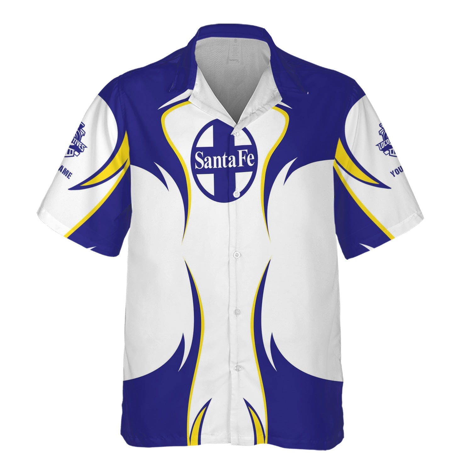 Railspirit Personalized Santa Fe Railway Hawaiian Shirt Distinctive Flame Style Atchison, Topeka and Santa Fe Railway Shirt For Steam Engine Addict