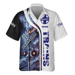 Railspirit Custom Name Santa Fe Railway Hawaiian Shirt Railroad Crossing Sign Atchison, Topeka and Santa Fe Railway Printed Train Shirt