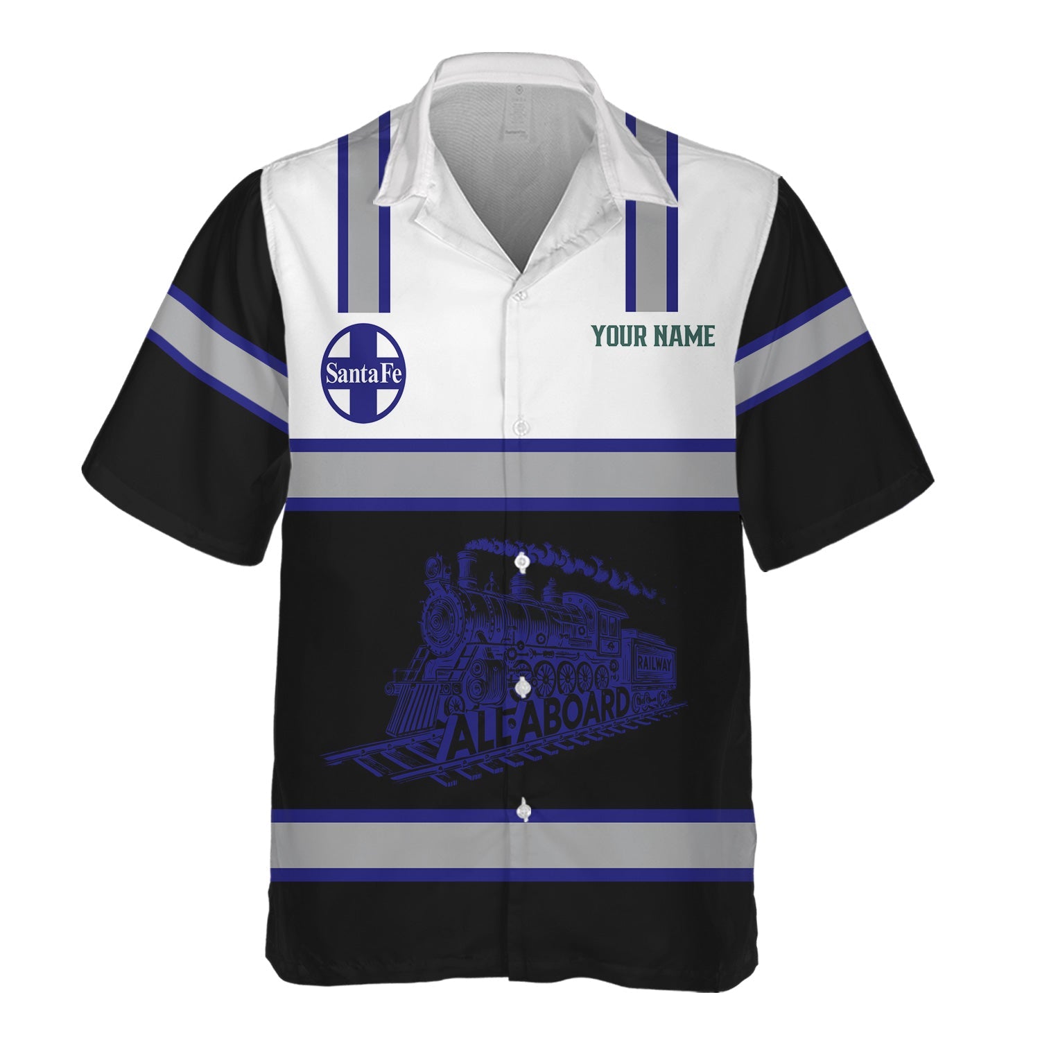 Railspirit Custom Name Santa Fe Railway Hawaiian Shirt Eat Train Sleep Repeat Atchison, Topeka and Santa Fe Railway Printed Train Shirt