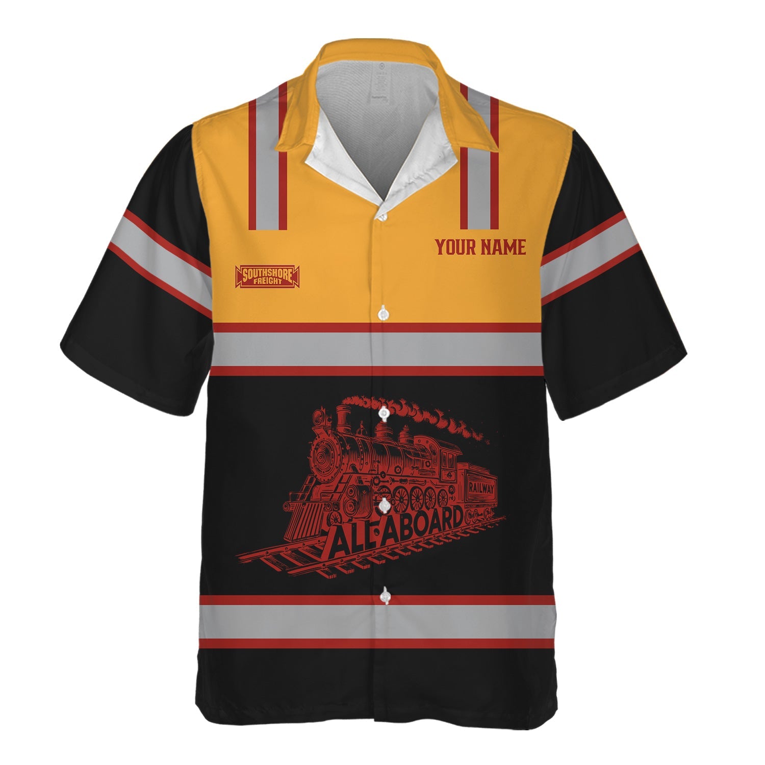 Railspirit Custom Name Chicago South Shore and South Bend Railroad Hawaiian Shirt Eat Train Sleep Repeat Printed Train Shirt