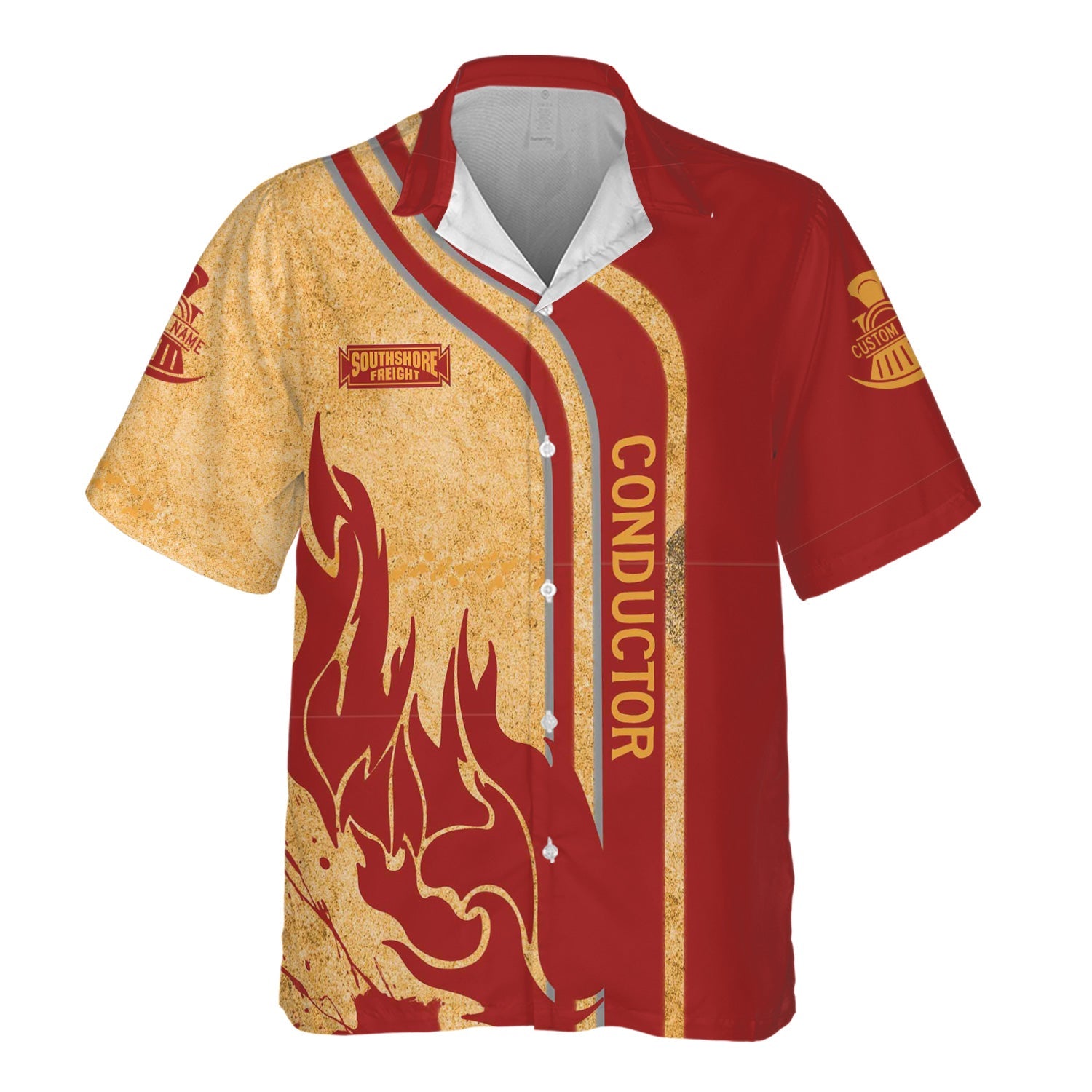 Railspirit Personalized Chicago South Shore and South Bend Railroad Hawaiian Shirt Flame Design with Custom Job Position Train Shirt