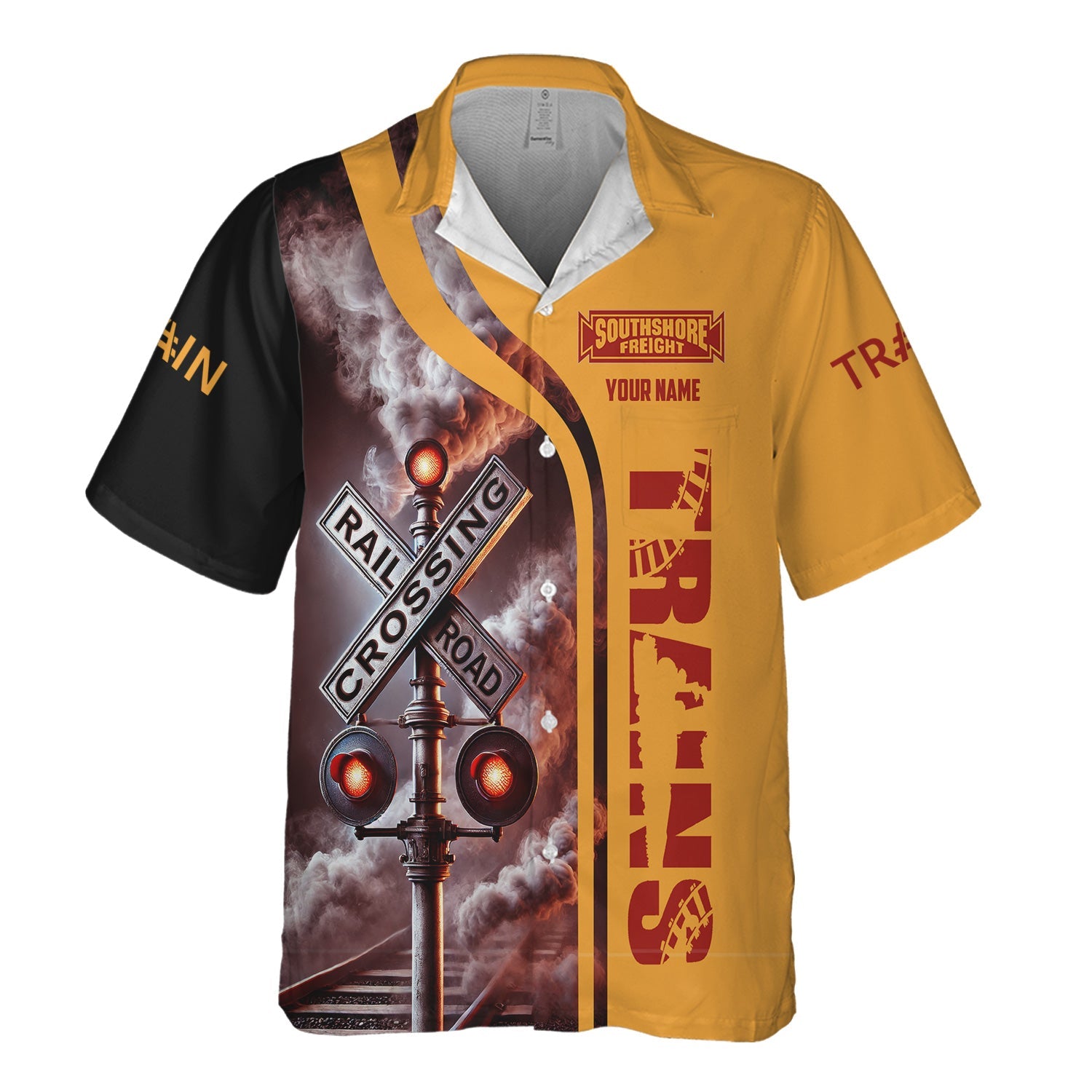 Railspirit Custom Name Chicago South Shore and South Bend Railroad Hawaiian Shirt Railroad Crossing Sign Printed Train Shirt