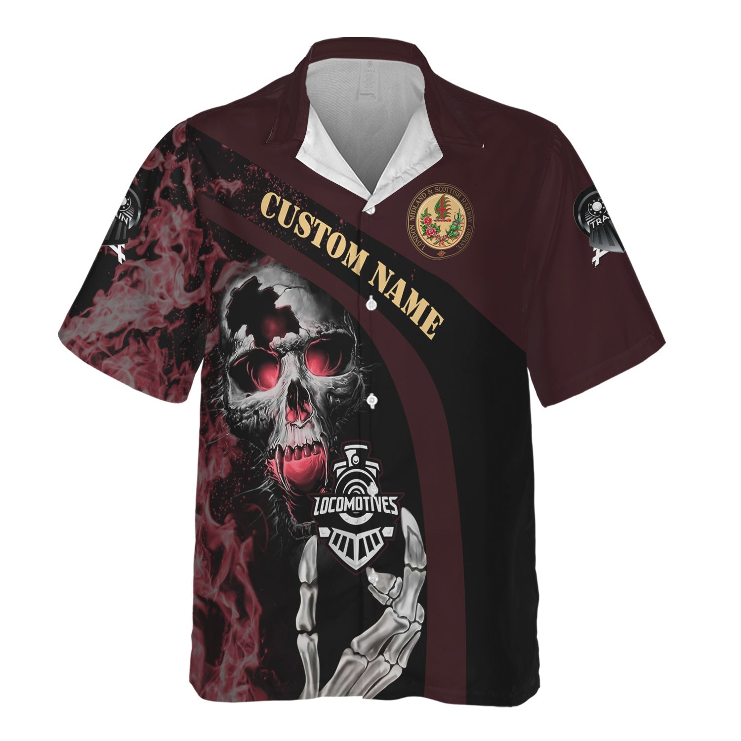 Railspirit Personalized London, Midland and Scottish Railway Hawaiian Shirt Flame Skull Design Train Shirt for Locomotive Fans