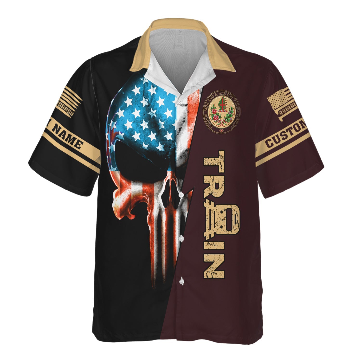 Railspirit Personalized London, Midland and Scottish Railway Hawaiian Shirt Train Skull American Flag Shirt All Over Print