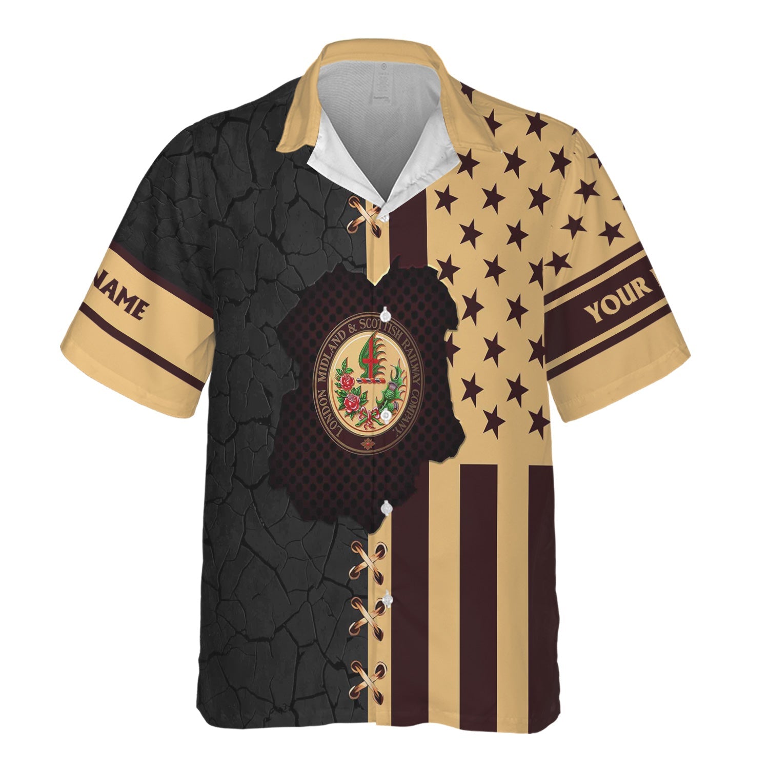 Railspirit Personalized London, Midland and Scottish Railway Hawaiian Shirt American Flag with Crack Effect Train Shirt