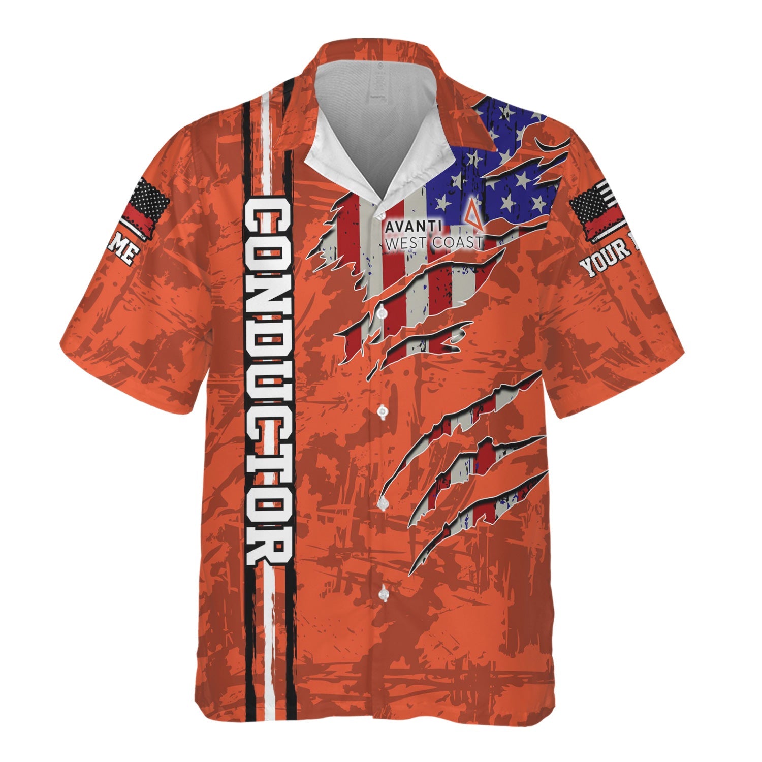 Railspirit Personalized Avanti West Coast Hawaiian Shirt USA Flag Claw Art with Custom Job Train Shirt