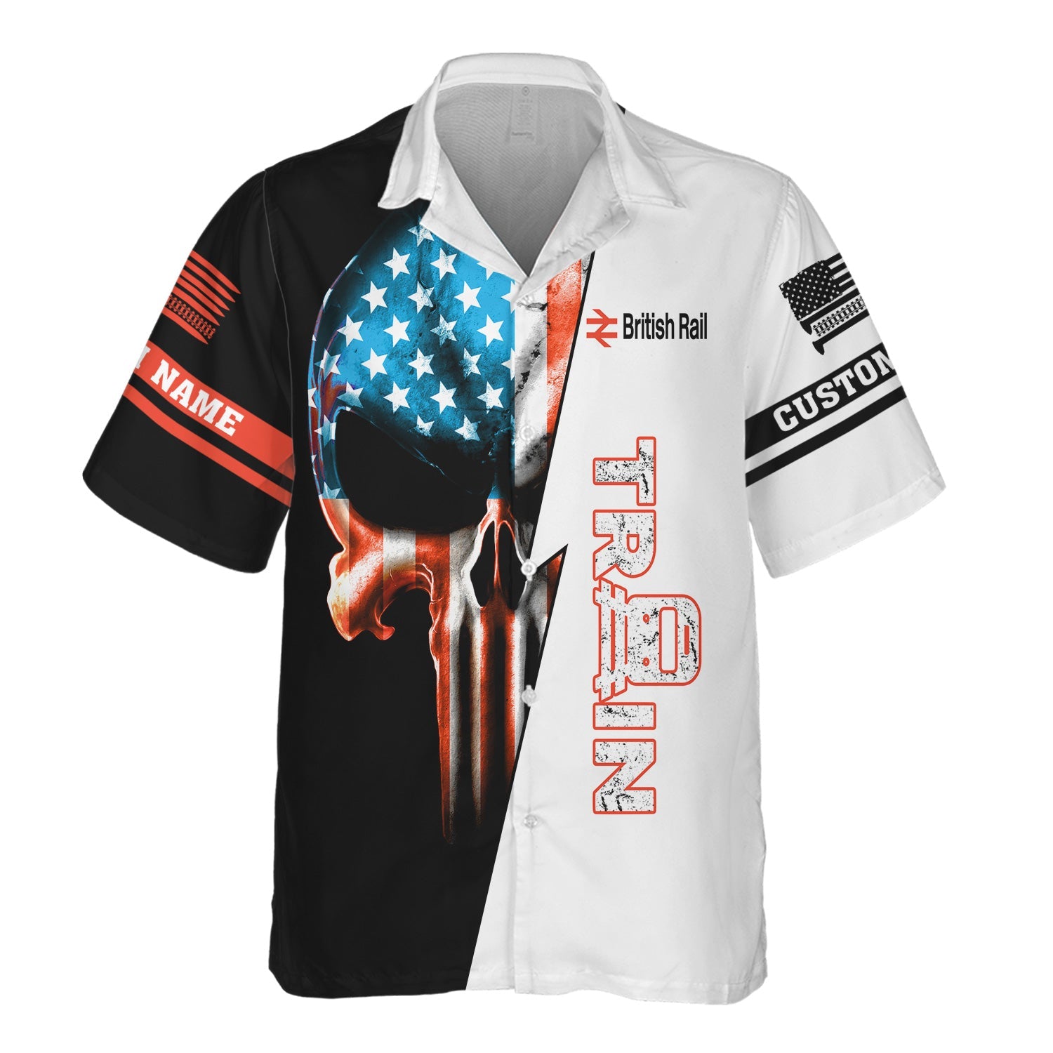 Railspirit Personalized British Railway Hawaiian Shirt Train Skull American Flag Shirt All Over Print