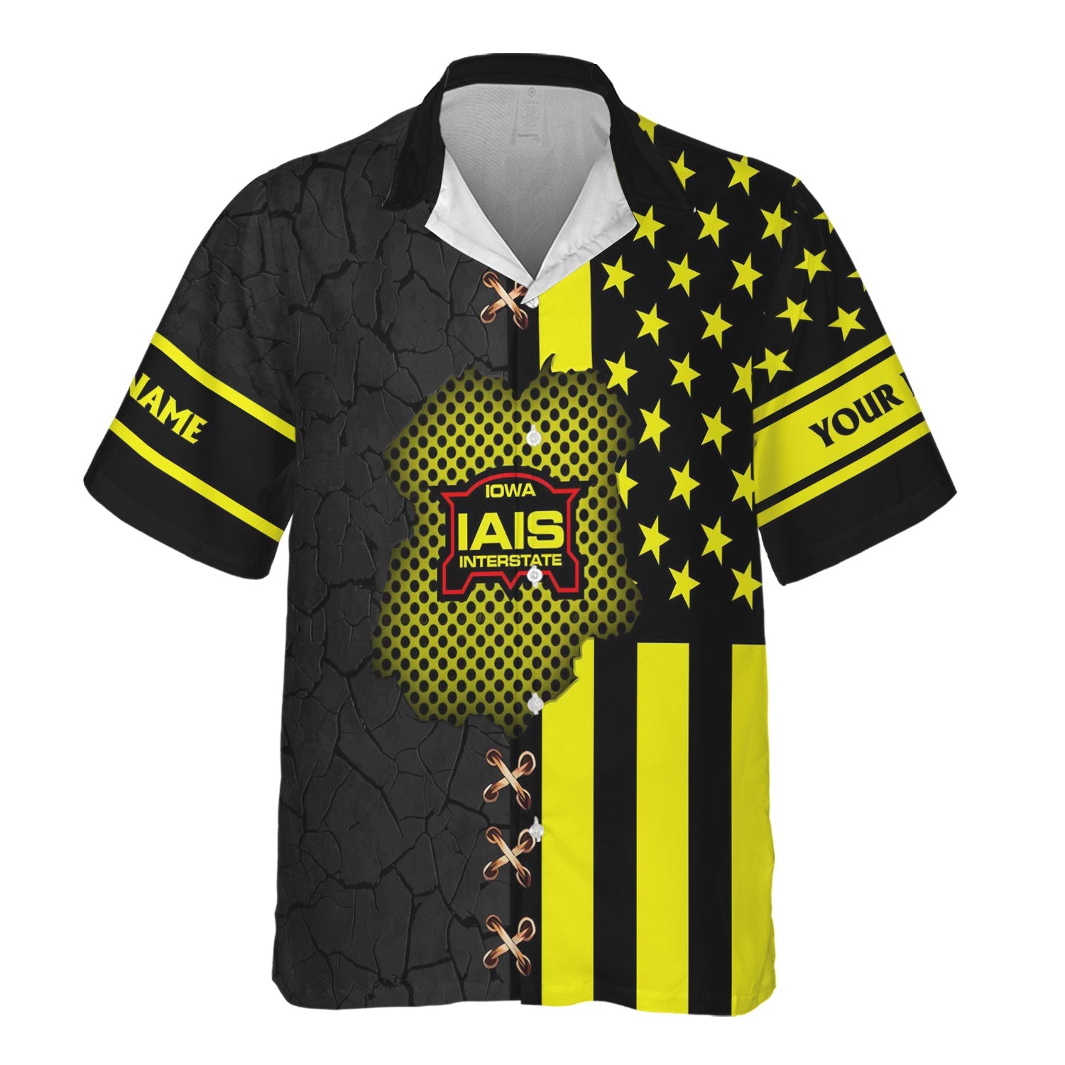 Railspirit Personalized Iowa Interstate Railroad Hawaiian Shirt American Flag with Crack Effect IAIS Train Shirt