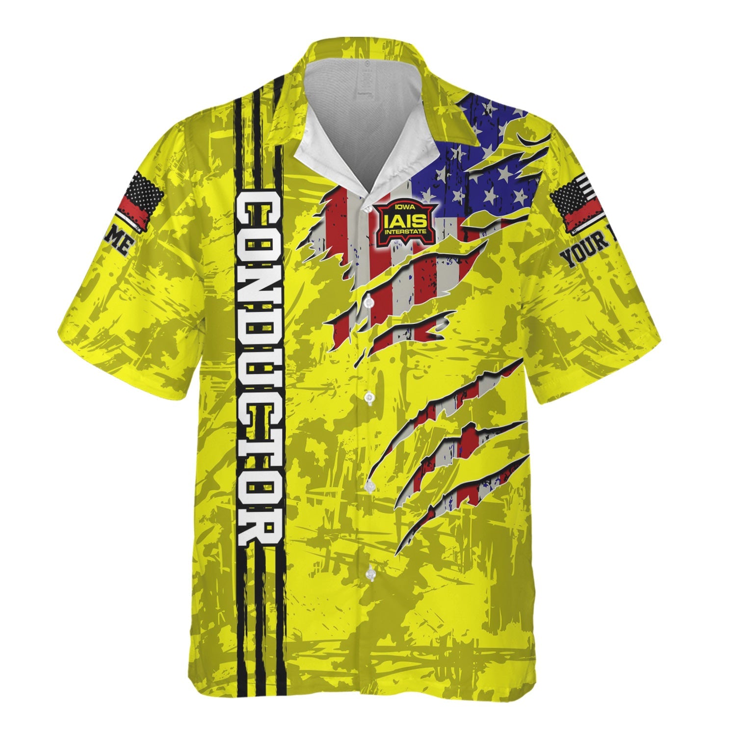 Railspirit Personalized Iowa Interstate Railroad Hawaiian Shirt USA Flag Claw Art with Custom Job IAIS Train Shirt
