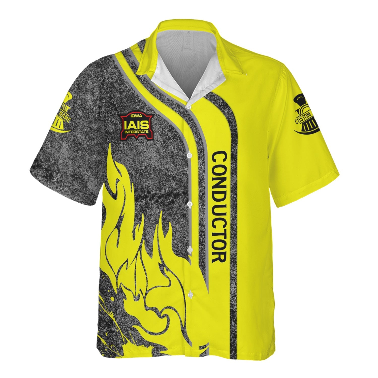 Railspirit Personalized Iowa Interstate Railroad Hawaiian Shirt Flame Design with Custom Job Position IAIS Train Shirt