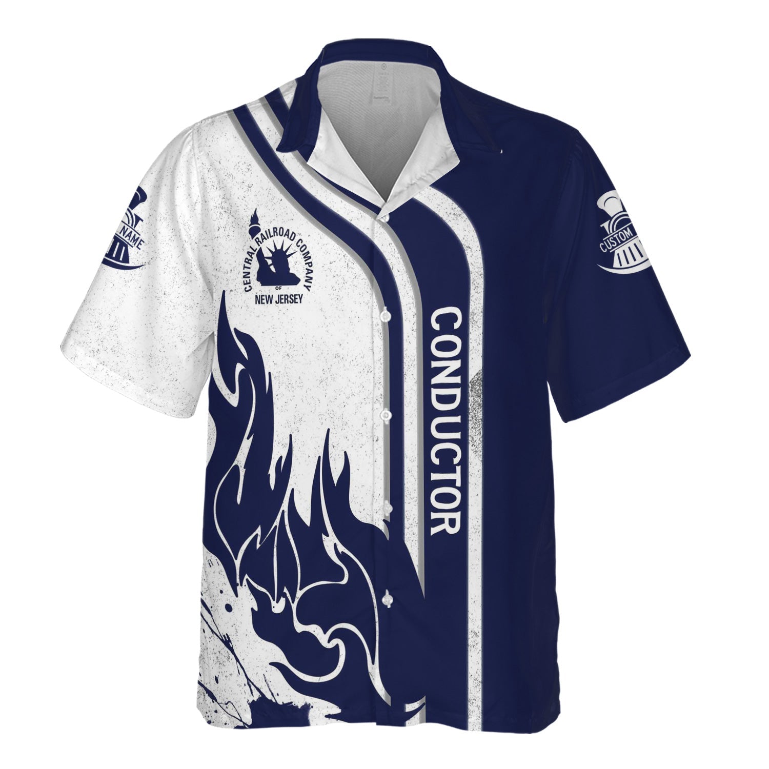 Railspirit Personalized Jersey Central Railroad Hawaiian Shirt Flame Design with Custom Job Position CNJ Train Shirt