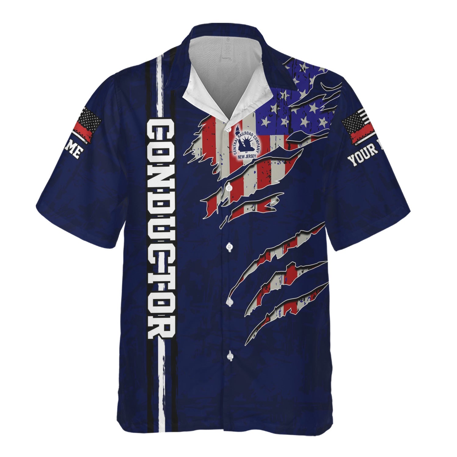Railspirit Personalized Jersey Central Railroad Hawaiian Shirt USA Flag Claw Art with Custom Job CNJ Train Shirt