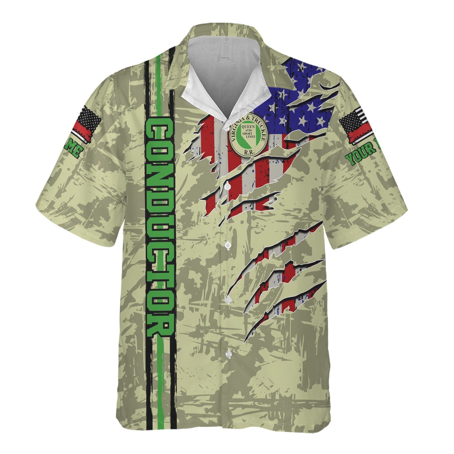 Railspirit Personalized Virginia & Truckee Railroad Hawaiian Shirt USA Flag Claw Art with Custom Job Train Shirt