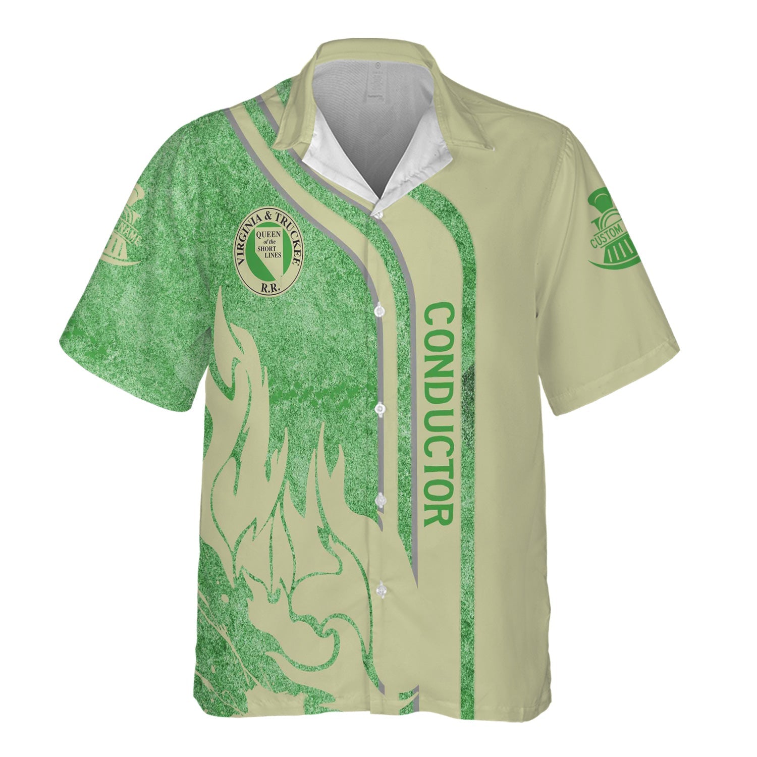 Railspirit Personalized Virginia & Truckee Railroad Hawaiian Shirt Flame Design with Custom Job Position Train Shirt