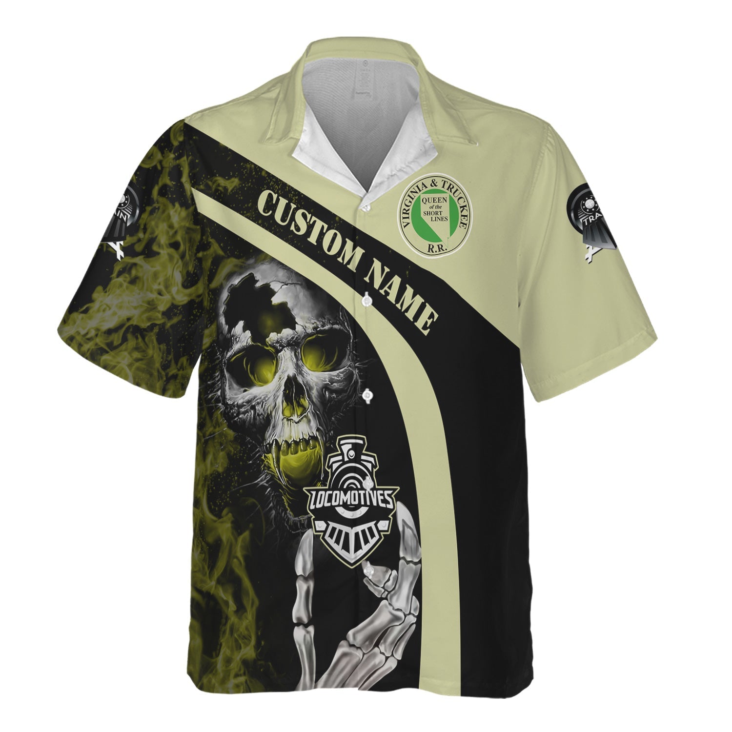 Railspirit Personalized Virginia & Truckee Railroad Hawaiian Shirt Flame Skull Design Train Shirt for Locomotive Fans