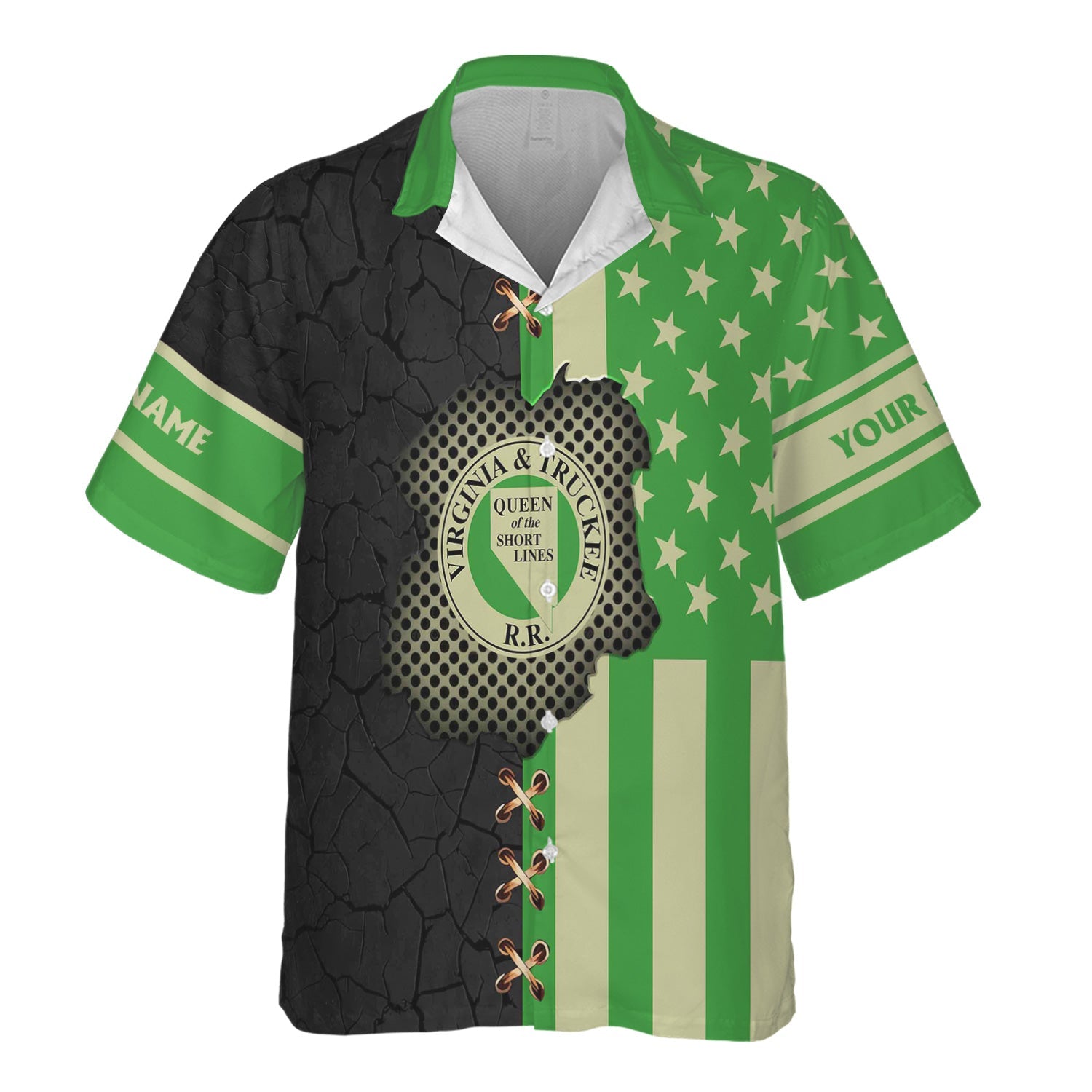 Railspirit Personalized Virginia & Truckee Railroad Hawaiian Shirt American Flag with Crack Effect Train Shirt