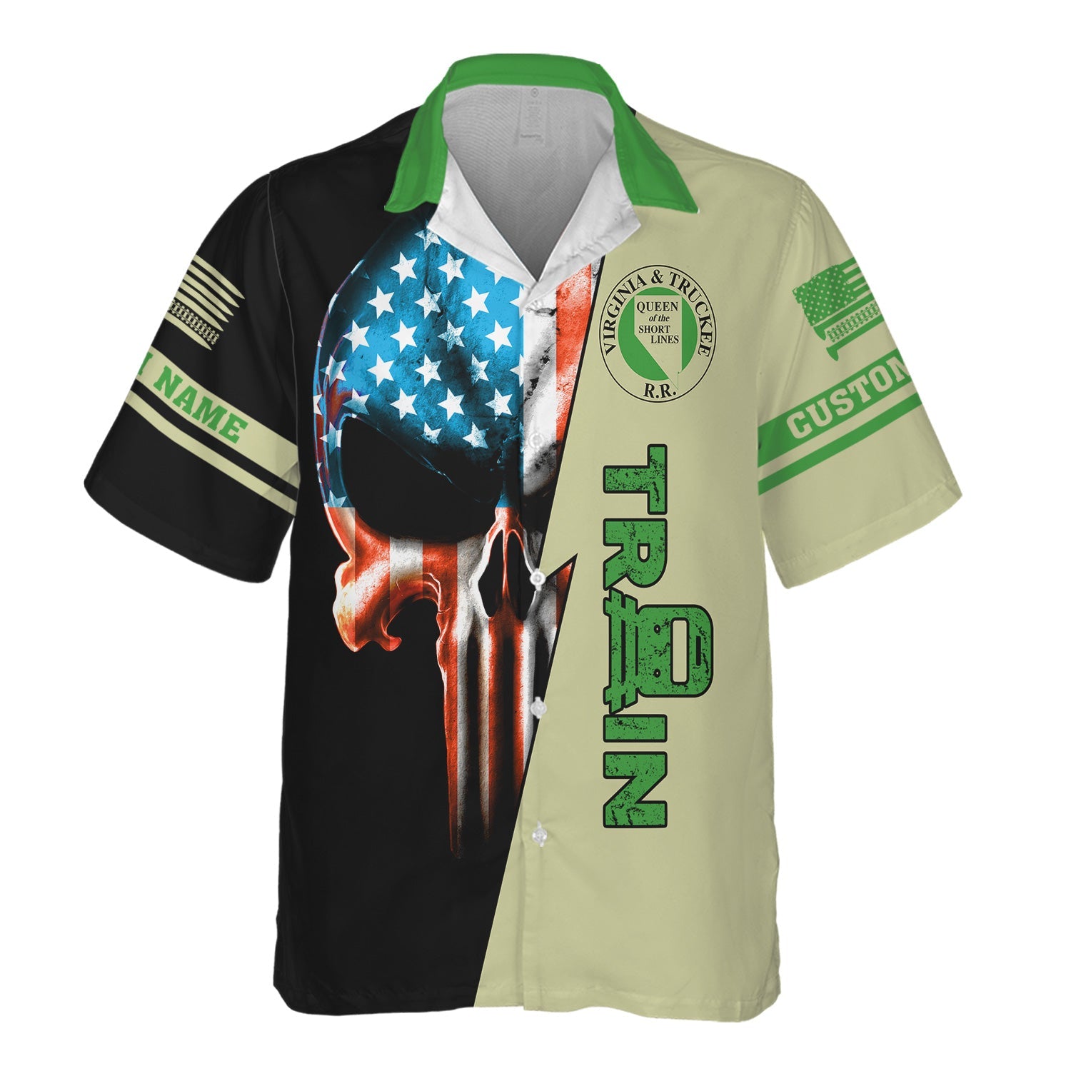 Railspirit Personalized Virginia & Truckee Railroad Hawaiian Shirt Train Skull American Flag Shirt All Over Print