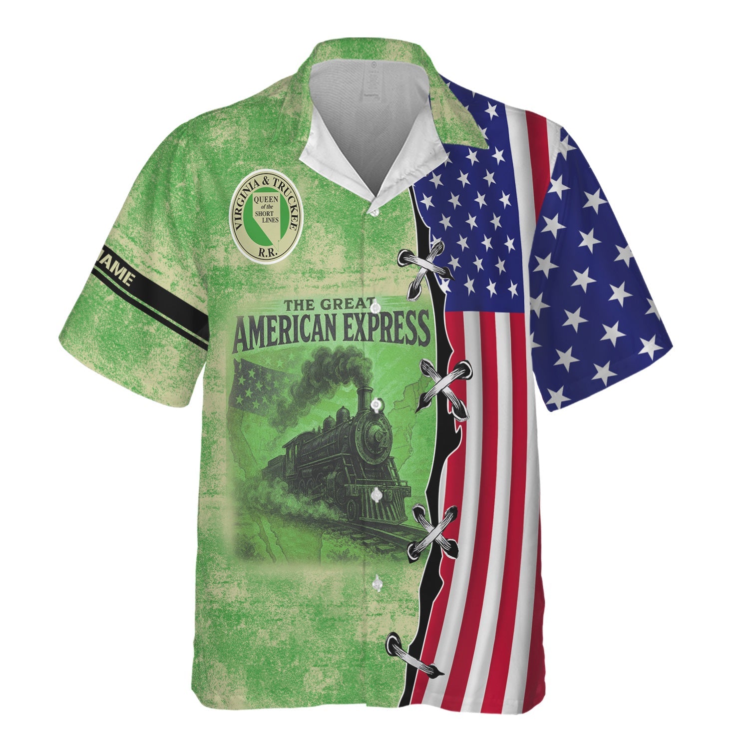 Railspirit Personalized Virginia & Truckee Railroad Hawaiian Shirt Retro American Express Train With USA Flag Shirt