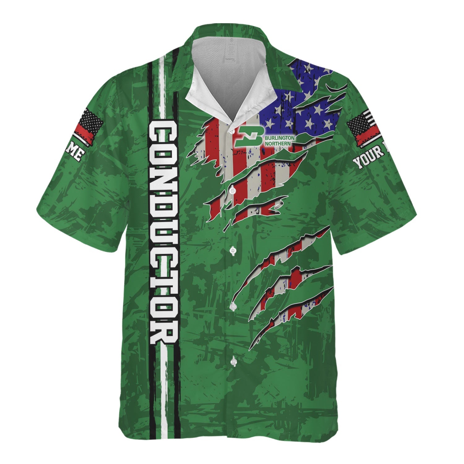 Railspirit Personalized Burlington Northern Railroad Hawaiian Shirt USA Flag Claw Art with Custom Job Train Shirt