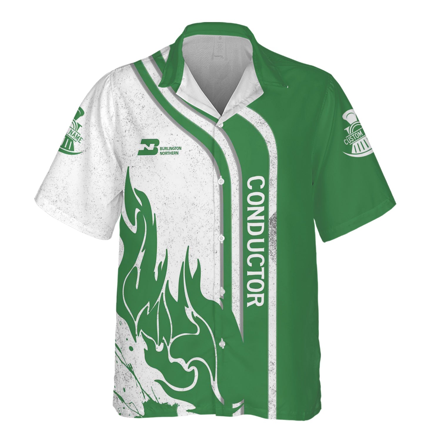Railspirit Personalized Burlington Northern Railroad Hawaiian Shirt Flame Design with Custom Job Position Train Shirt