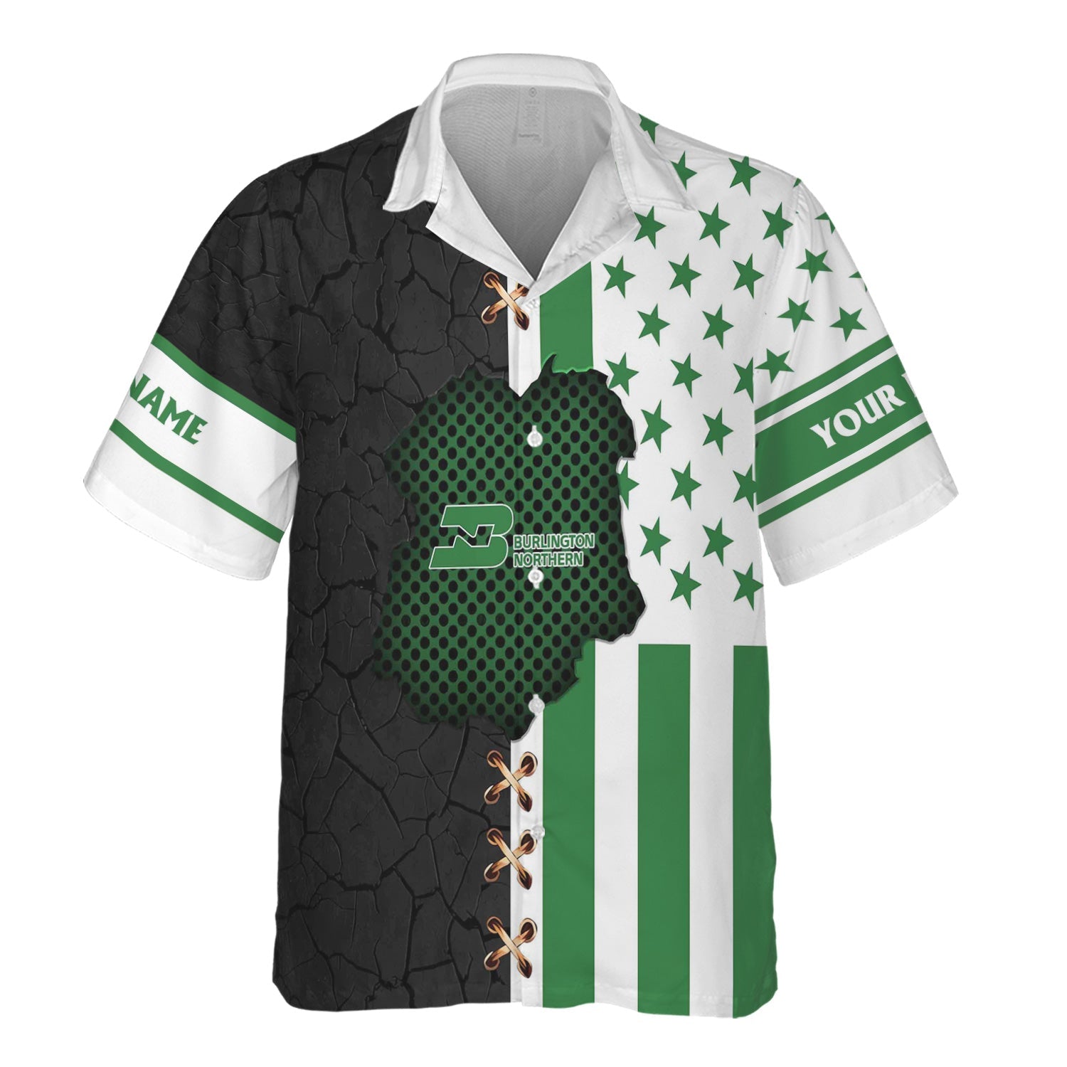 Railspirit Personalized Burlington Northern Railroad Hawaiian Shirt American Flag with Crack Effect Train Shirt