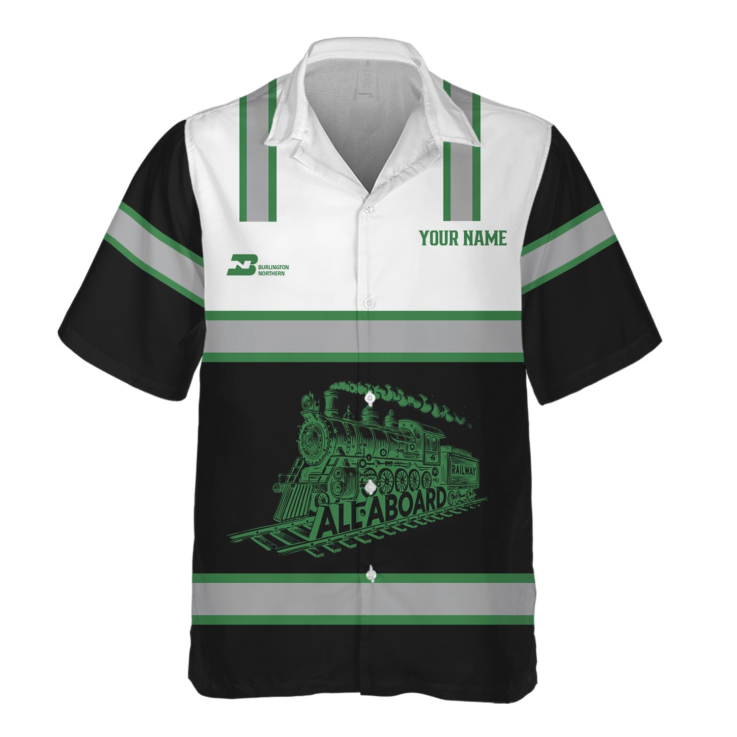 Railspirit Custom Name Burlington Northern Railroad Hawaiian Shirt Eat Train Sleep Repeat Printed Train Shirt