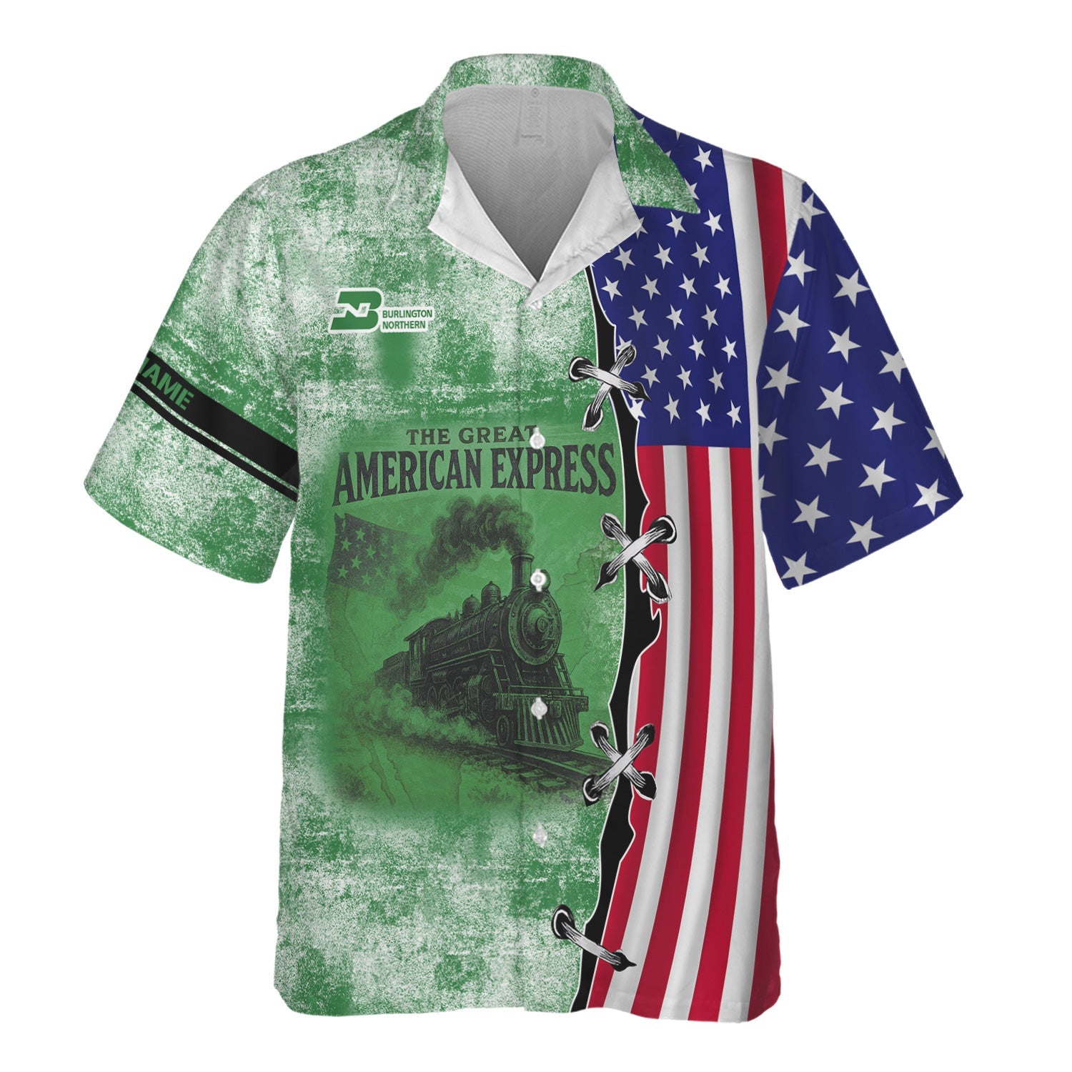 Railspirit Personalized Burlington Northern Railroad Hawaiian Shirt Retro American Express Train With USA Flag Shirt