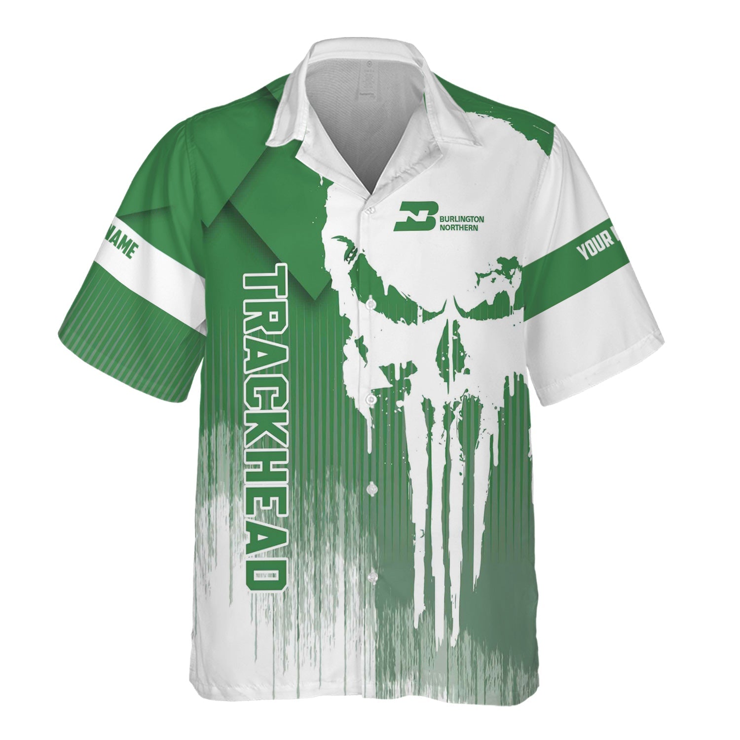 Railspirit Personalized Burlington Northern Railroad Hawaiian Shirt Skull Design with Custom Job Train Shirt for Trackhead Crew