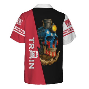 Railspirit Personalized Canadian Pacific Kansas City Hawaiian Shirt Train Skull American Flag CPKC Shirt All Over Print