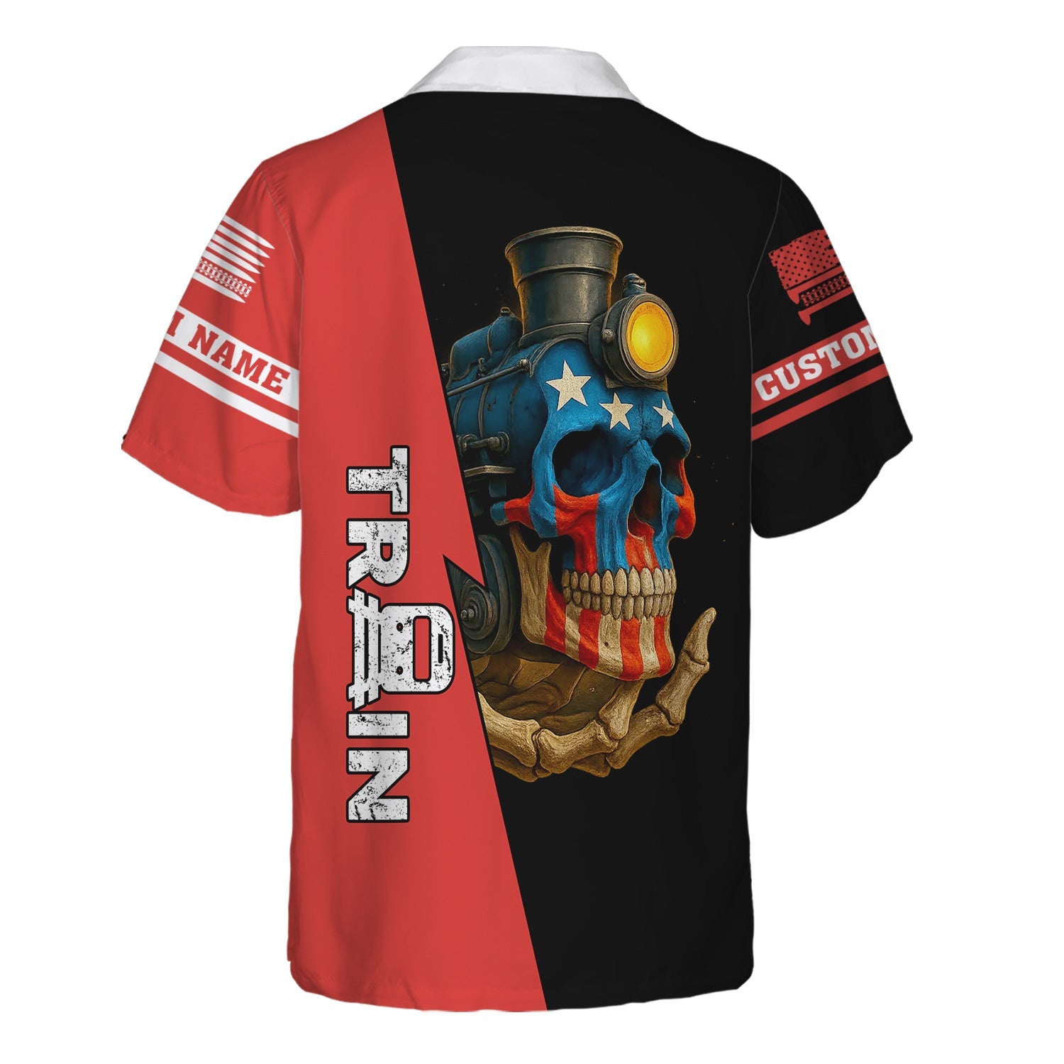 Railspirit Personalized Chicago, Rock Island and Pacific Railroad Hawaiian Shirt Train Skull American Flag Rock Island Railroad Shirt