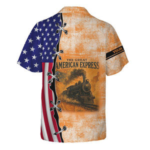 Railspirit Personalized BNSF Railway Hawaiian Shirt Retro American Express Train With USA Flag Shirt