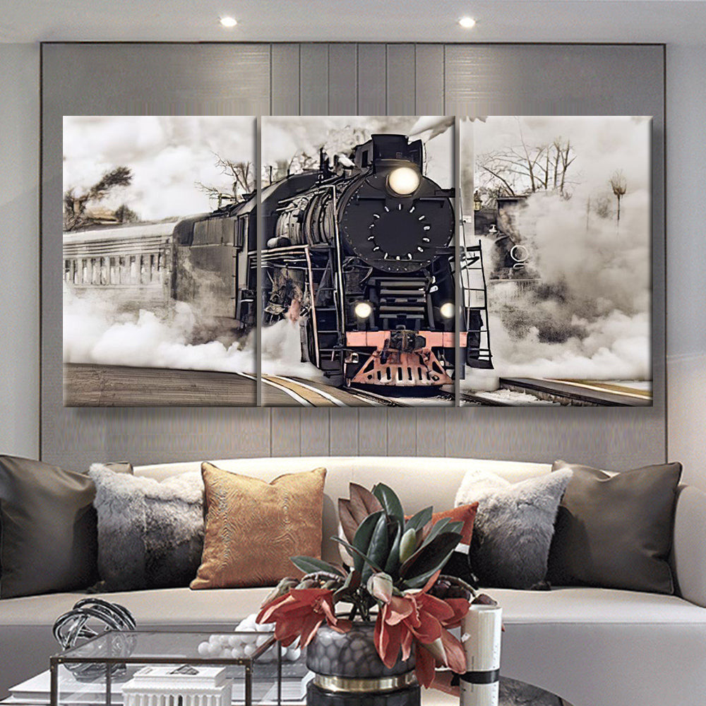Steam Train Industrial, Multi Canvas Painting Ideas, Multi Piece Panel Canvas Housewarming Gift Ideas Canvas Canvas Gallery Painting Framed Prints, Canvas Paintings Multi Panel Canvas 3PIECE(36 x18)