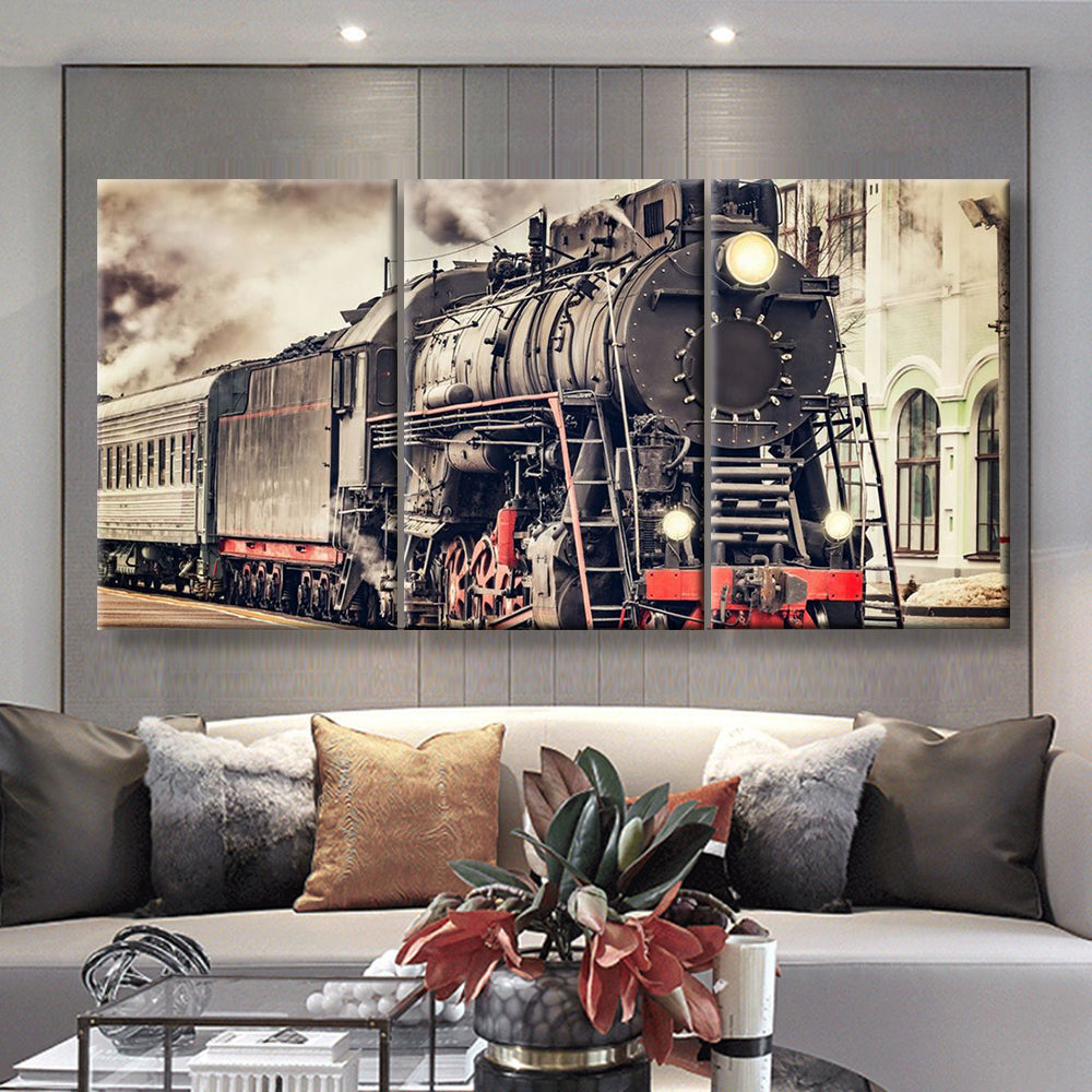 Train Industrial, Multi Canvas Painting Ideas, Multi Piece Panel Canvas Housewarming Gift Ideas Canvas Canvas Gallery Painting Framed Prints, Canvas Paintings Multi Panel Canvas 3PIECE(36 x18)