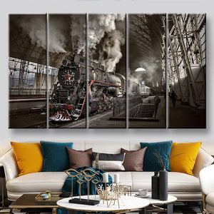 Steam Train At The Station Industrial, Multi Canvas Painting Ideas, Multi Piece Panel Canvas Housewarming Gift Ideas Canvas Canvas Gallery Painting Framed Prints, Canvas Paintings Multi Panel Canvas 5PIECE(60x36)