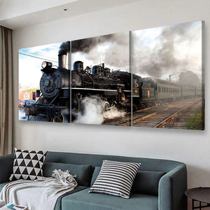 Vintage Steam Train, Multi Canvas Painting Ideas, Multi Piece Panel Canvas Housewarming Gift Ideas Canvas Canvas Gallery Painting Framed Prints, Canvas Paintings Multi Panel Canvas 3PIECE(48x24)