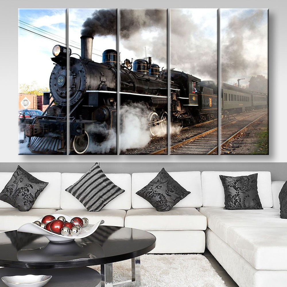 Vintage Steam Train, Multi Canvas Painting Ideas, Multi Piece Panel Canvas Housewarming Gift Ideas Canvas Canvas Gallery Painting Framed Prints, Canvas Paintings Multi Panel Canvas 5PIECE(80x48)
