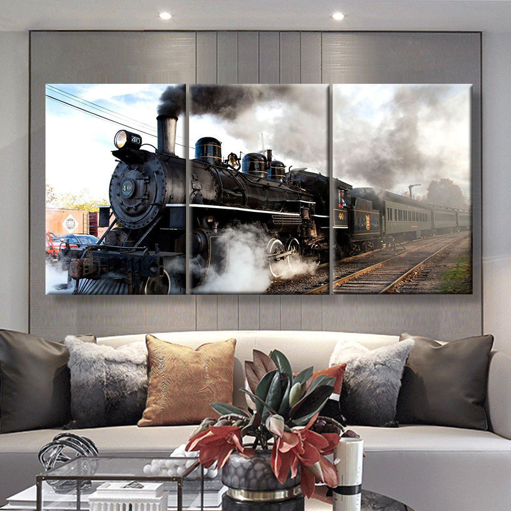 Vintage Steam Train, Multi Canvas Painting Ideas, Multi Piece Panel Canvas Housewarming Gift Ideas Canvas Canvas Gallery Painting Framed Prints, Canvas Paintings Multi Panel Canvas 3PIECE(36 x18)