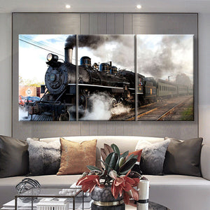 Vintage Steam Train, Multi Canvas Painting Ideas, Multi Piece Panel Canvas Housewarming Gift Ideas Canvas Canvas Gallery Painting Framed Prints, Canvas Paintings Multi Panel Canvas 3PIECE(36 x18)