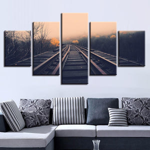 Train Tracks And Tree � Nature 5 Panel Canvas Art Wall Decor Luxury Multi Canvas Prints, Multi Piece Panel Canvas Gallery Art Print