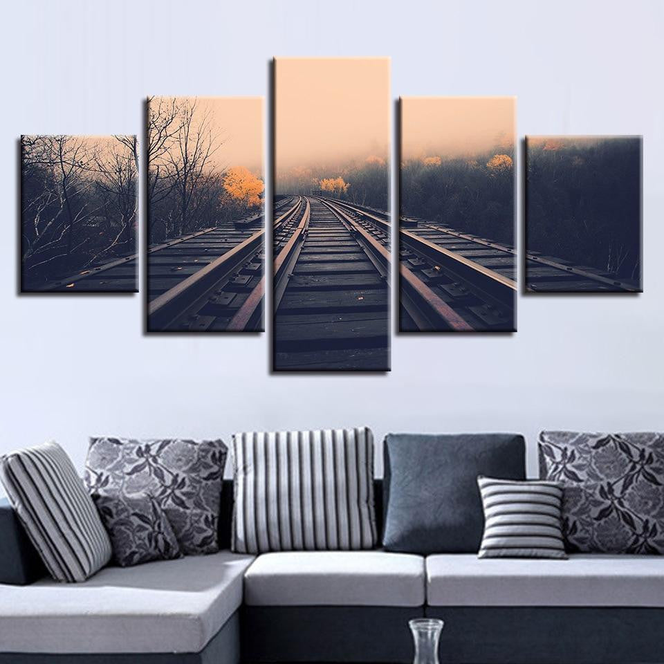 Train Tracks And Tree � Nature 5 Panel Canvas Art Wall Decor Luxury Multi Canvas Prints, Multi Piece Panel Canvas Gallery Art Print