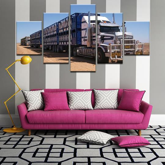 Road Train In The Australian Outback � Automative 5 Panel Canvas Art Wall Decor Luxury Multi Canvas Prints, Multi Piece Panel Canvas Gallery Art Print